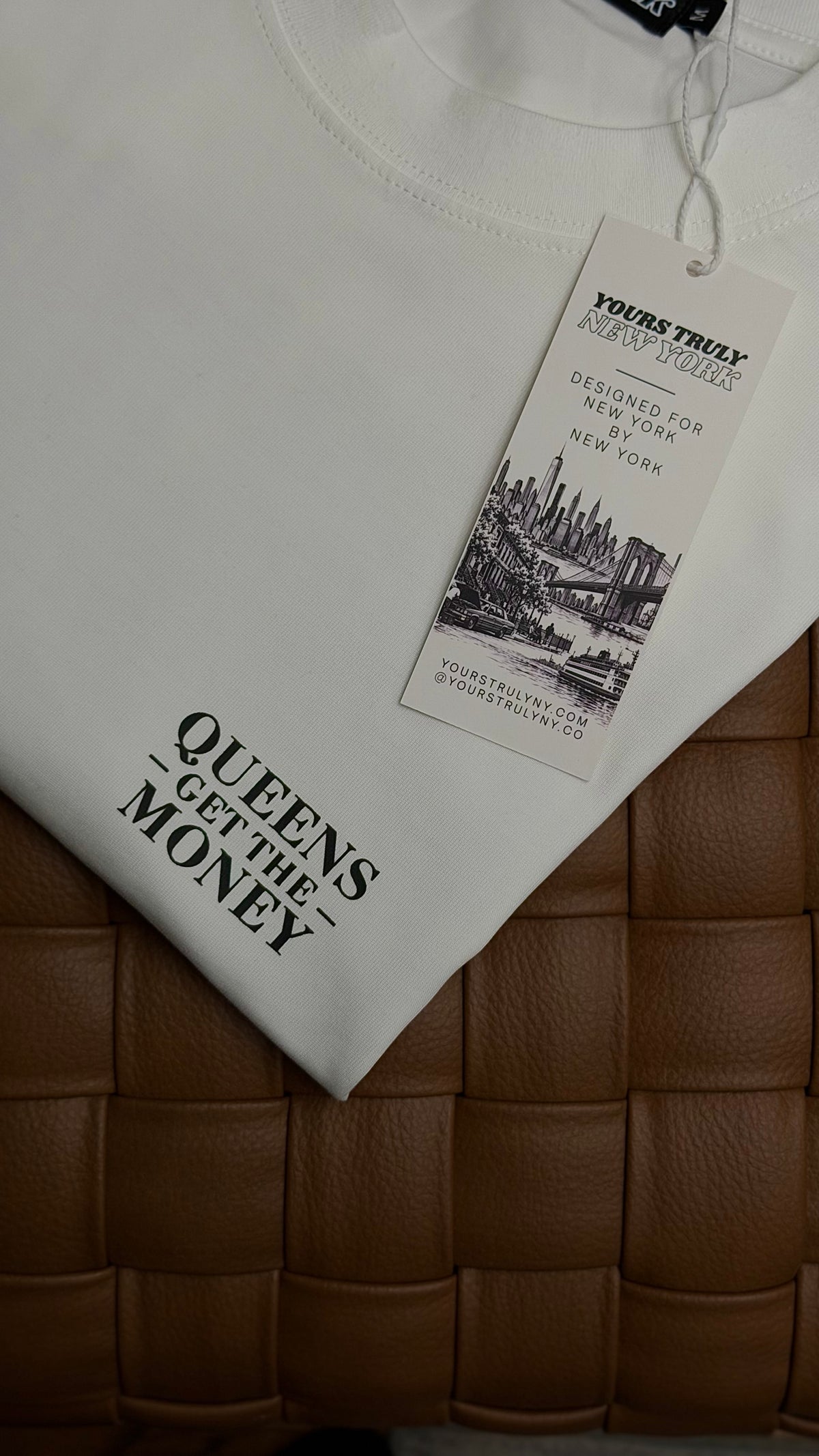 White QGTM Bank oversized tee, Queens Get The Money front print with Yours Truly New York hang tag